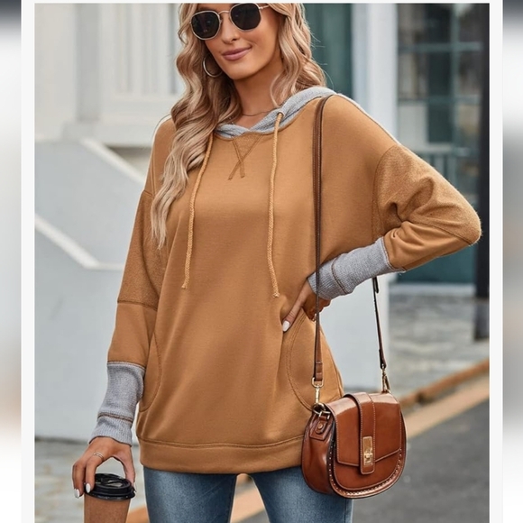 Tan Oversized Hoodie with Gray Accents - Picture 4 of 16
